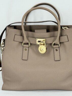 Michael Kors Taupe Saffiano Leather Satchel Hand/Shoulder Bag Large w/Gold Lock